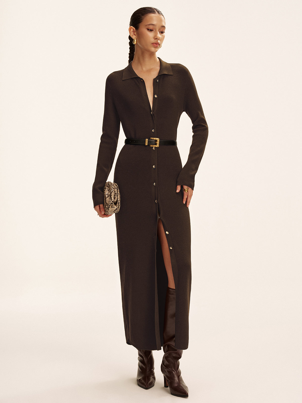 Long Sleeve Button Knit Maxi Dress without Belt