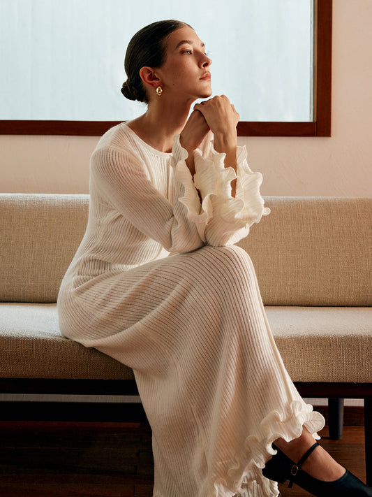 Semi-Sheer Piping Ruffle Drawstring Knit Dress