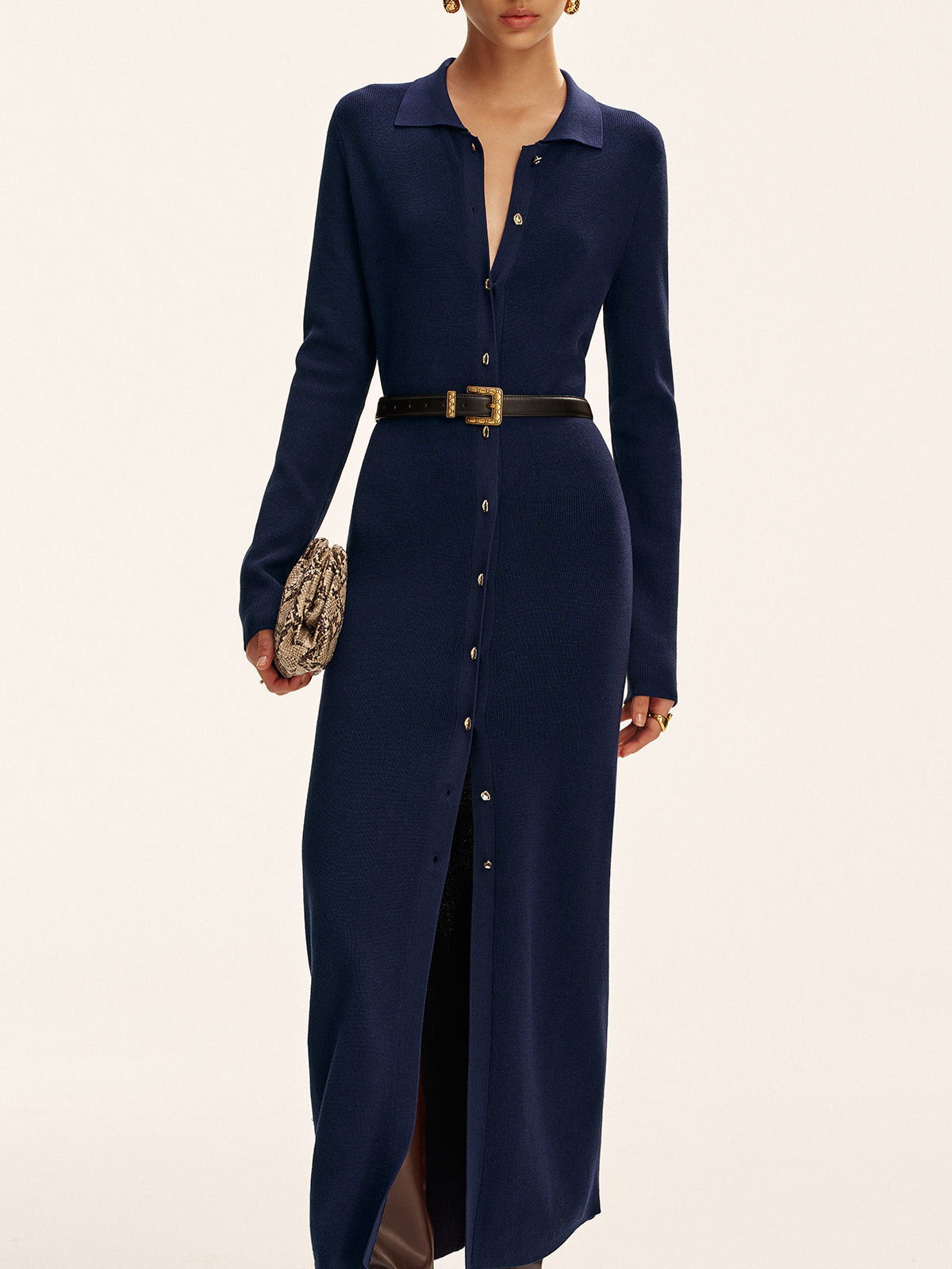 Long Sleeve Button Knit Maxi Dress without Belt