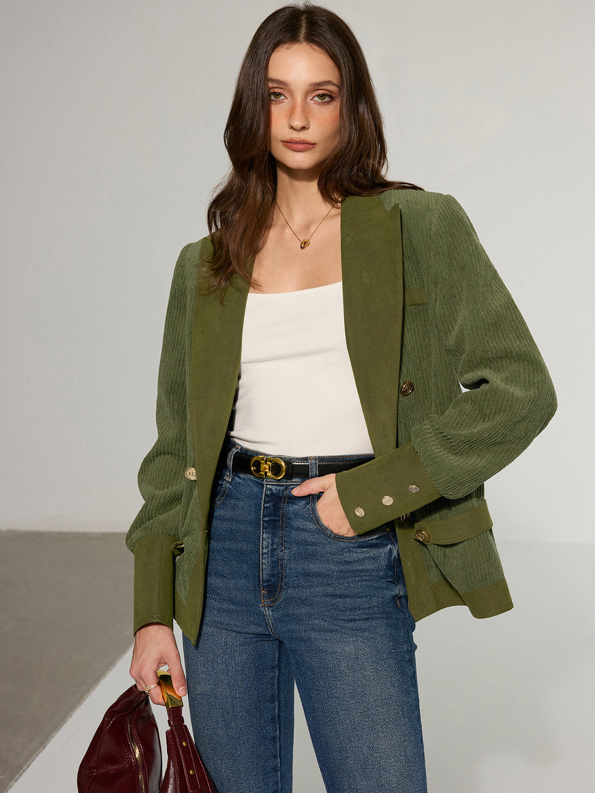 Corduroy Lapel Metal Button Blazer