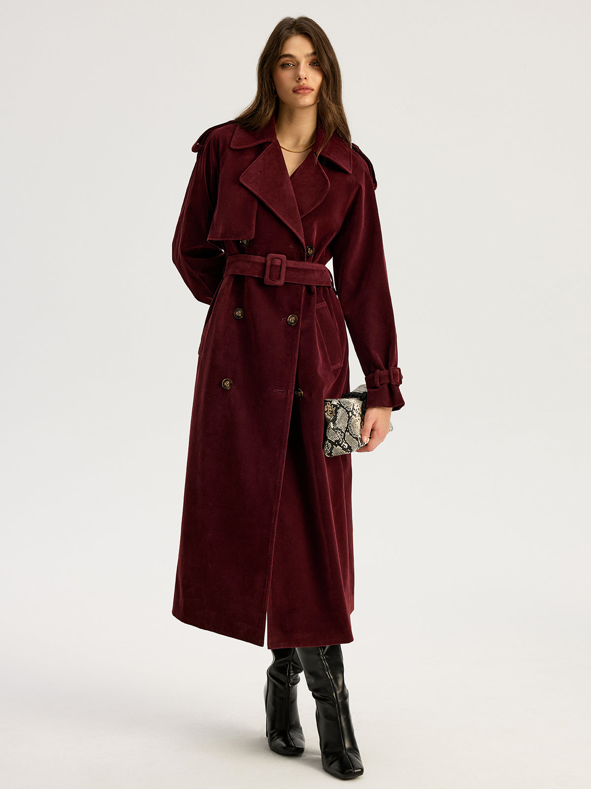 Belted Double-Breasted Suede Long Trench Coat
