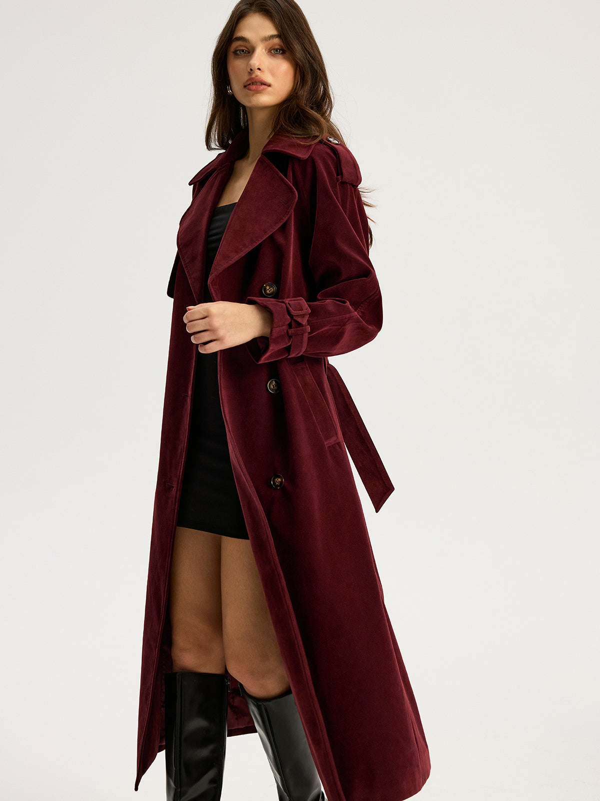Belted Double-Breasted Suede Long Trench Coat