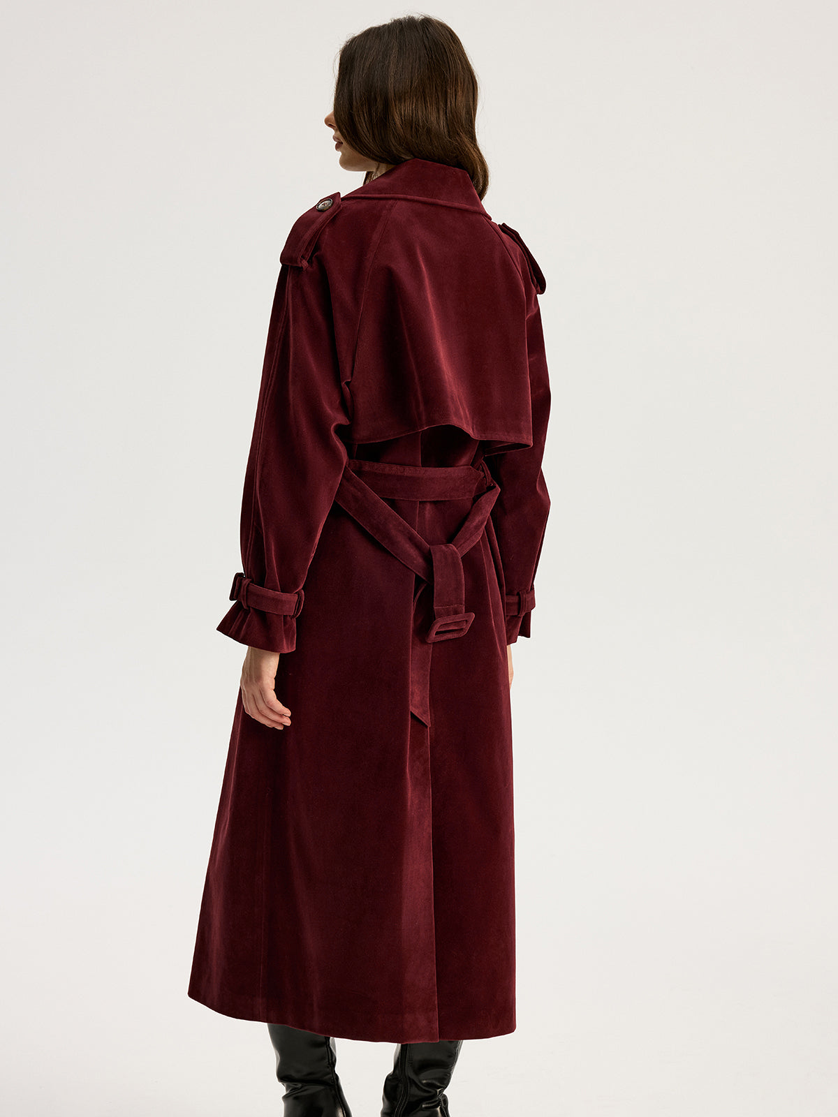 Belted Double-Breasted Suede Long Trench Coat