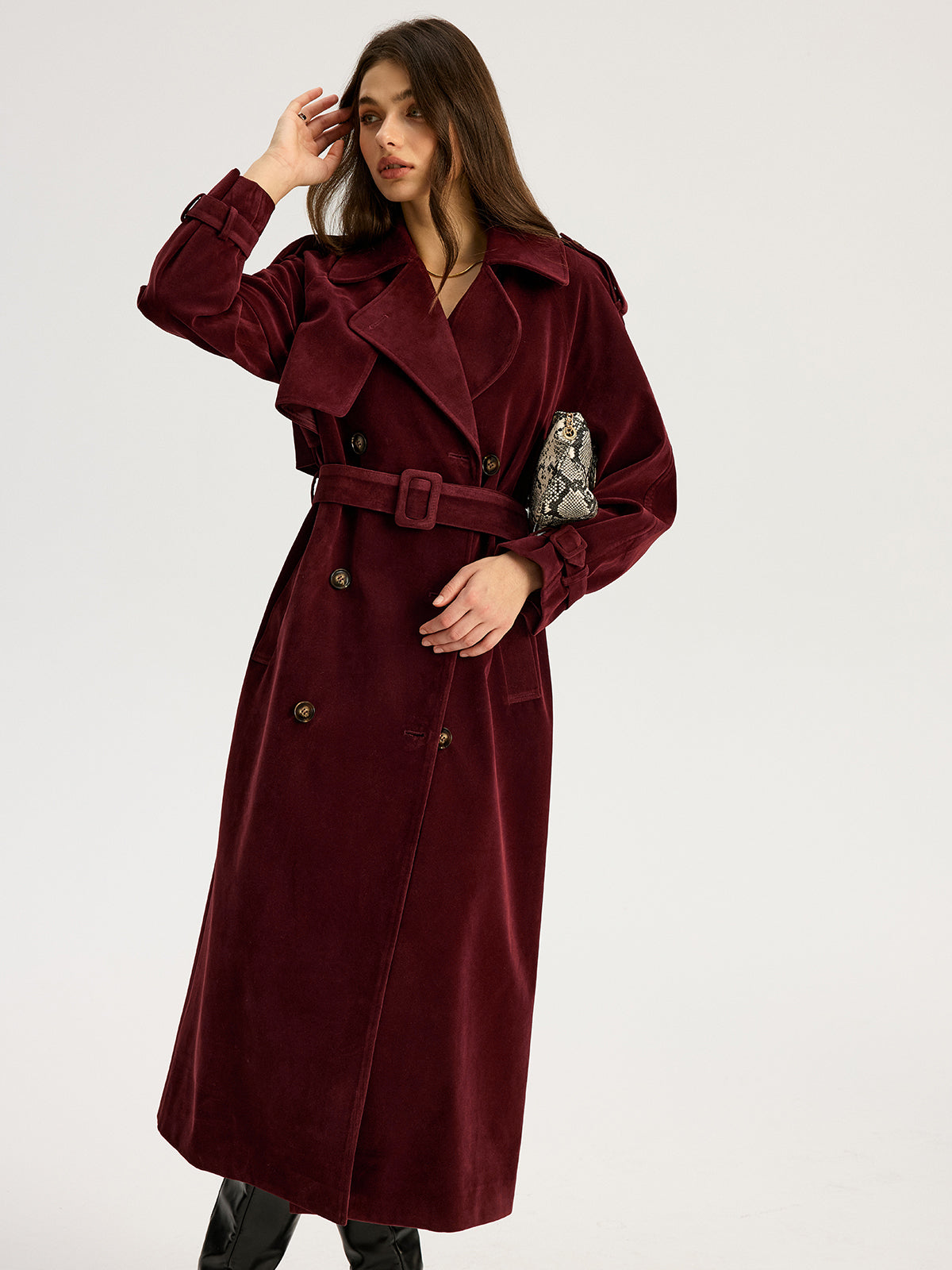 Belted Double-Breasted Suede Long Trench Coat