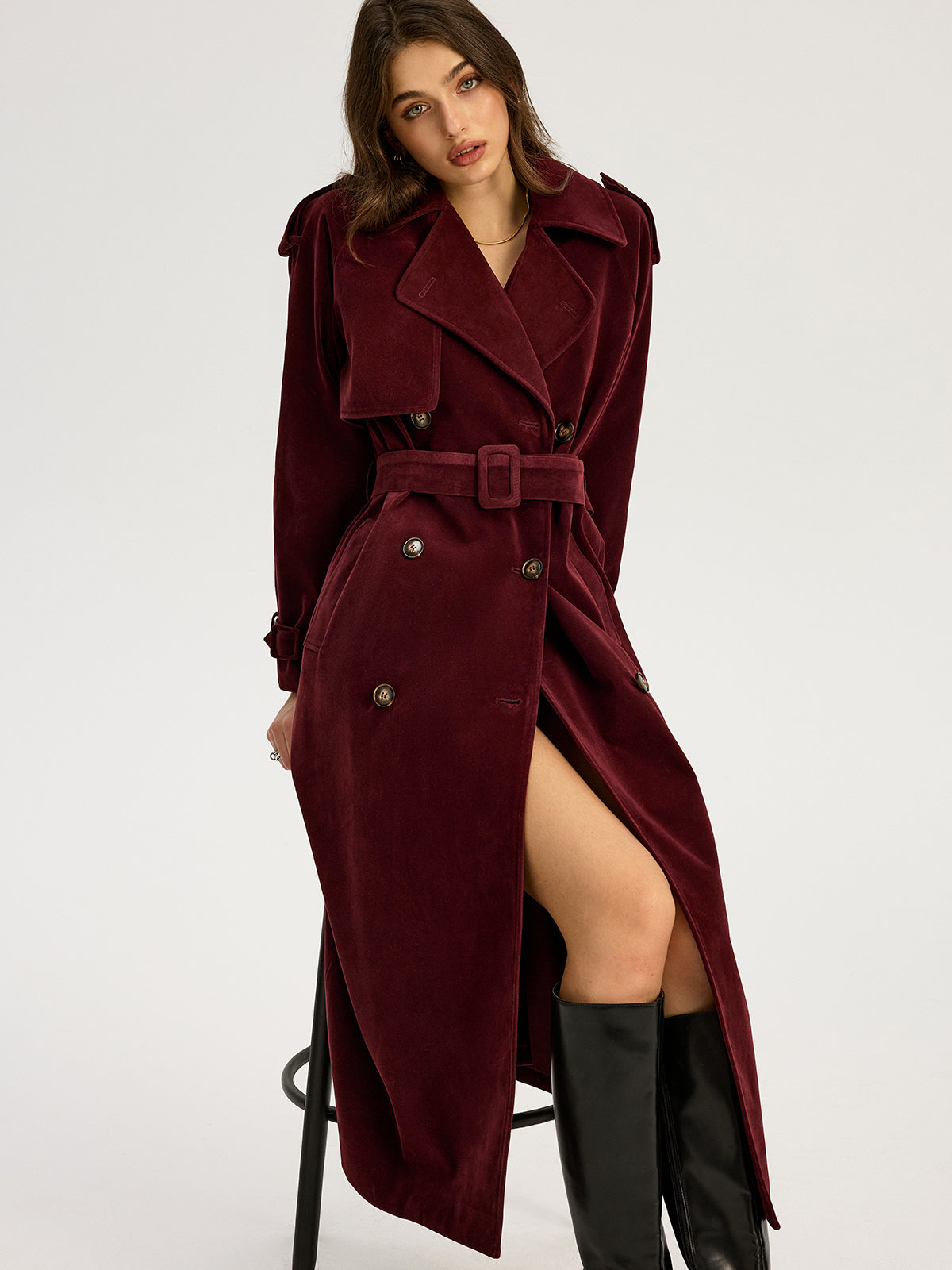 Belted Double-Breasted Suede Long Trench Coat