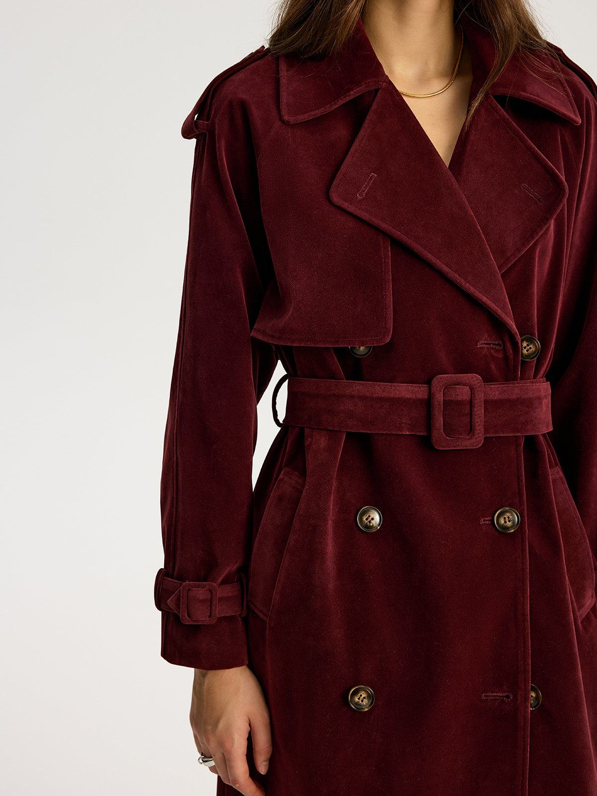 Belted Double-Breasted Suede Long Trench Coat