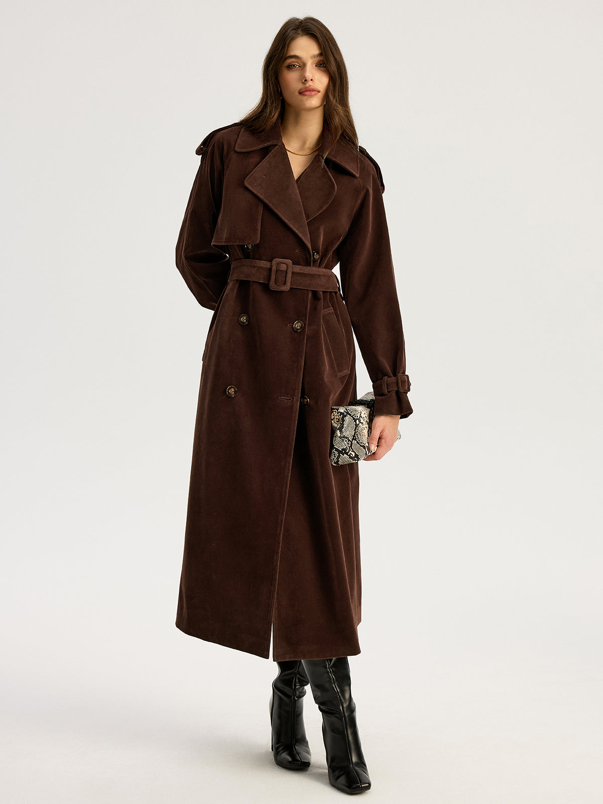 Belted Double-Breasted Suede Long Trench Coat