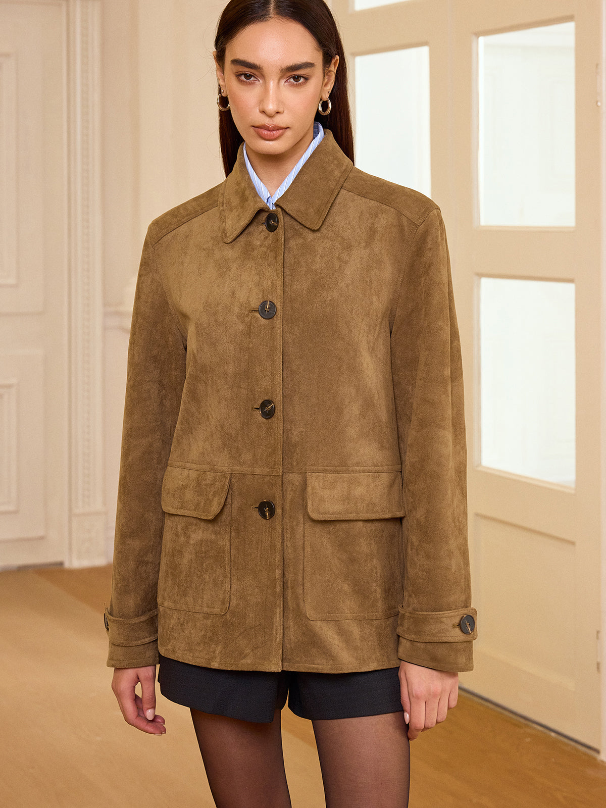 Collared Button-Front Suede Blazer